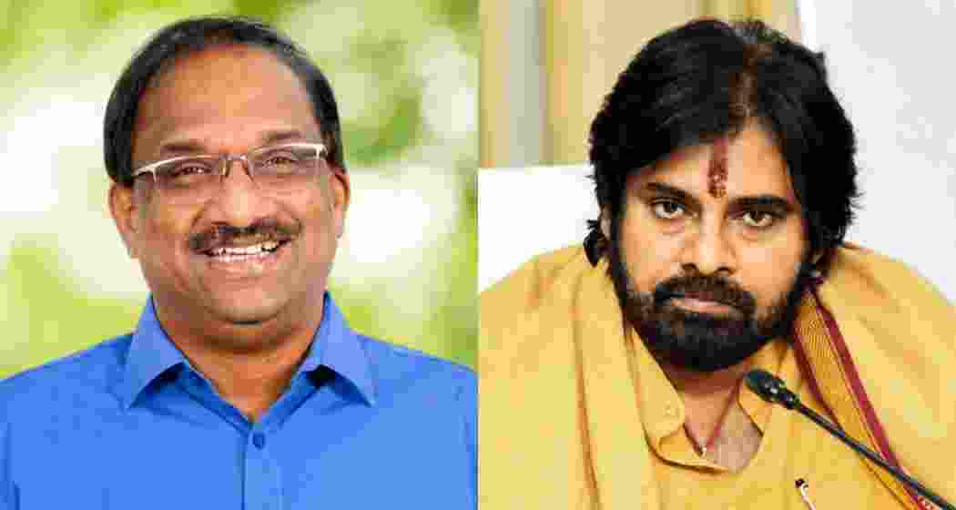 Prof Nageshwar (left) and Andhra Pradesh Deputy Chief Minister Pawan Kalyan (right) during a press interaction, discussing key political developments and governance issues.