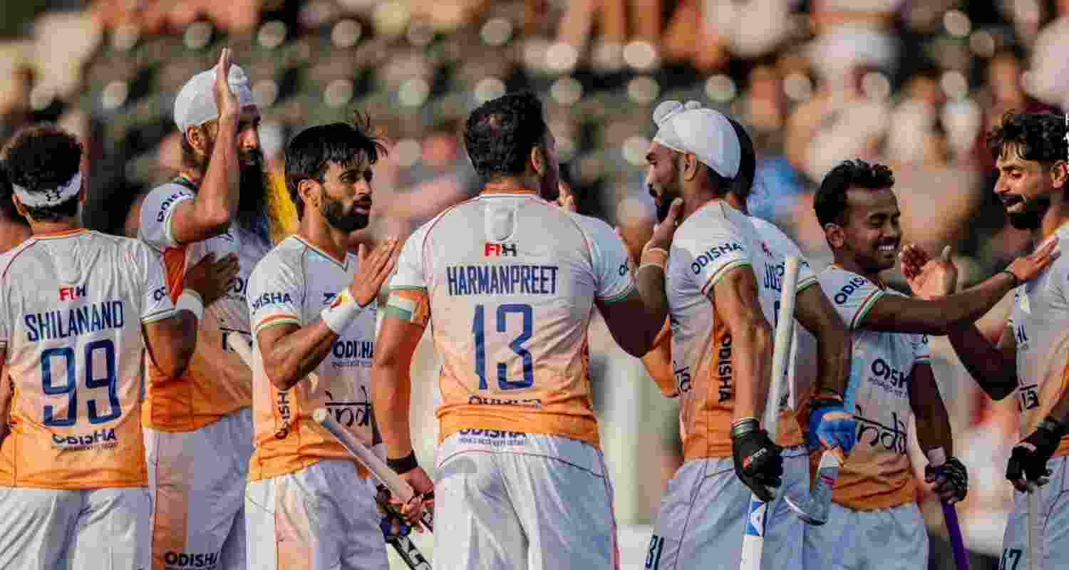 Indian hockey players celebrating their emphatic victory over Pakistan in FIH Pro League.