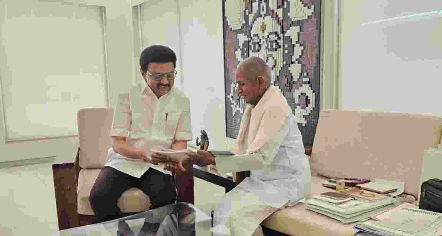 Tamil Nadu Chief Minister M K Stalin meets legendary music composer Ilaiyaraaja on Sunday. Image: X