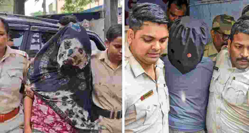 Hamim Mondal (R) and Arpita Sarkar (L) being escorted by police personnel.
