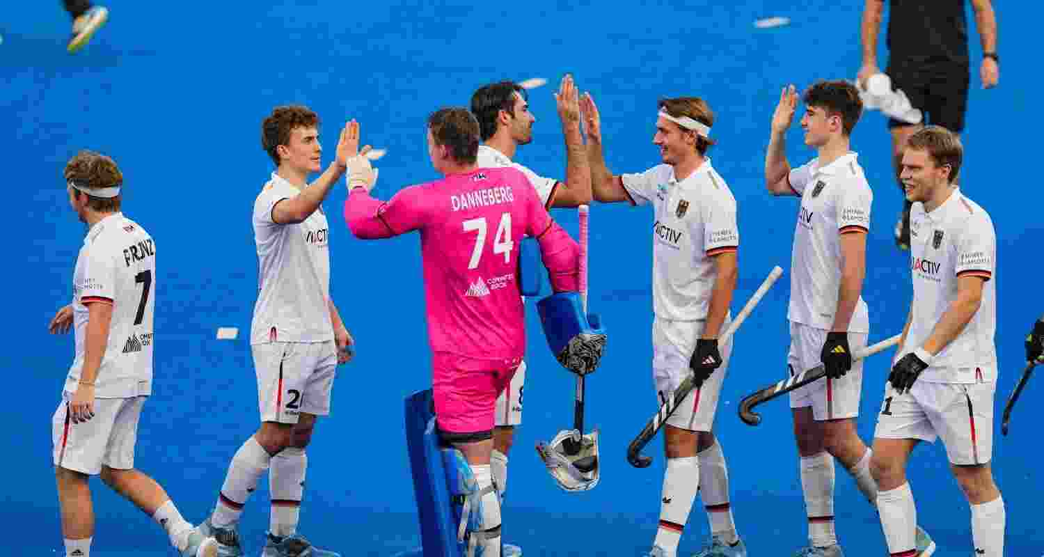 German players celebrate after winning the two-match hockey series over India in shootout, at the Major Dhyan Chand National Stadium, in New Delhi, Thursday, Oct. 24, 2024. After losing 0-2 in the first match, India managed to win the second game of the series with 5-3, but Germany clinched the series with a 3-1 shootout victory.