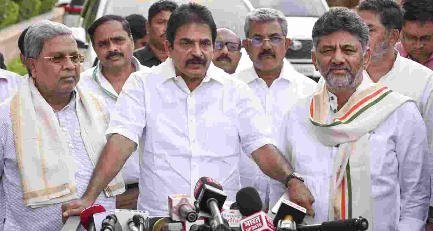Karnataka Chief Minister Siddaramaiah, Deputy CM DK Shivakumar, and Congress MP KC Venugopal speak to the media after a meeting of the Congress high command at Indira Bhawan, in New Delhi.