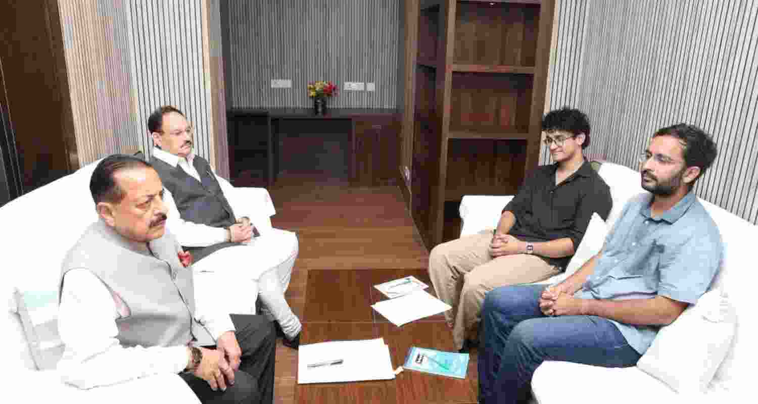 Union Ministers Jitendra Singh and JP Nadda holding talks with CJP spokespersons Saurav Das and Ashutosh Ranka at the Constitutional Club in New Delhi on Saturday before the party announced its decision to call off the protest.