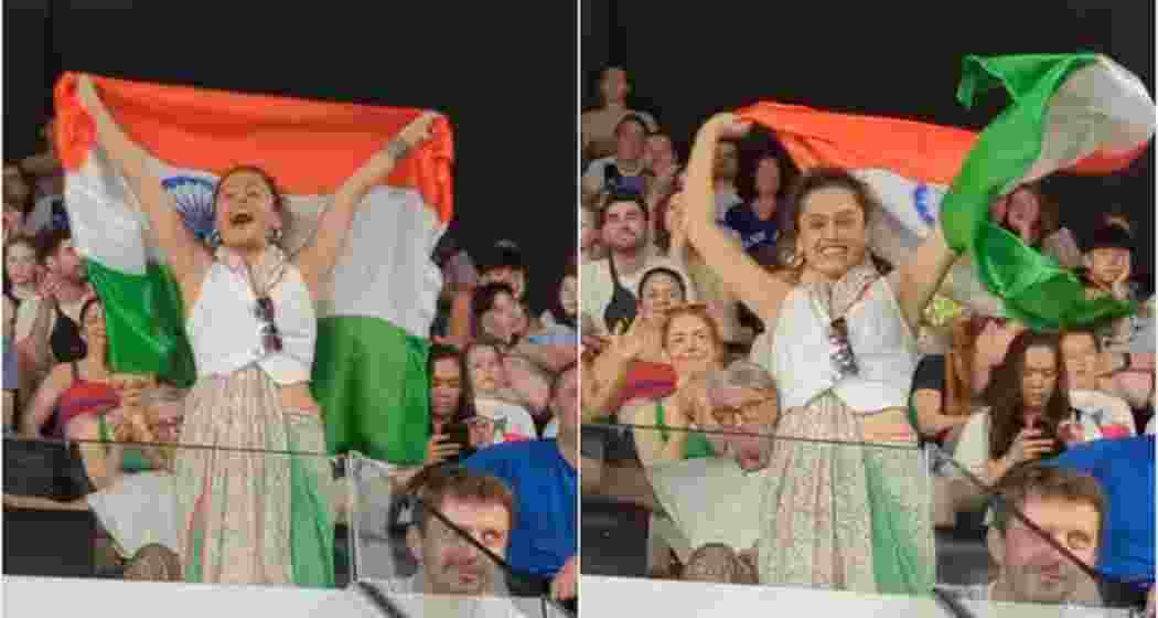 Taapsee Pannu waves Indian flag at Paris Olympics 2024.