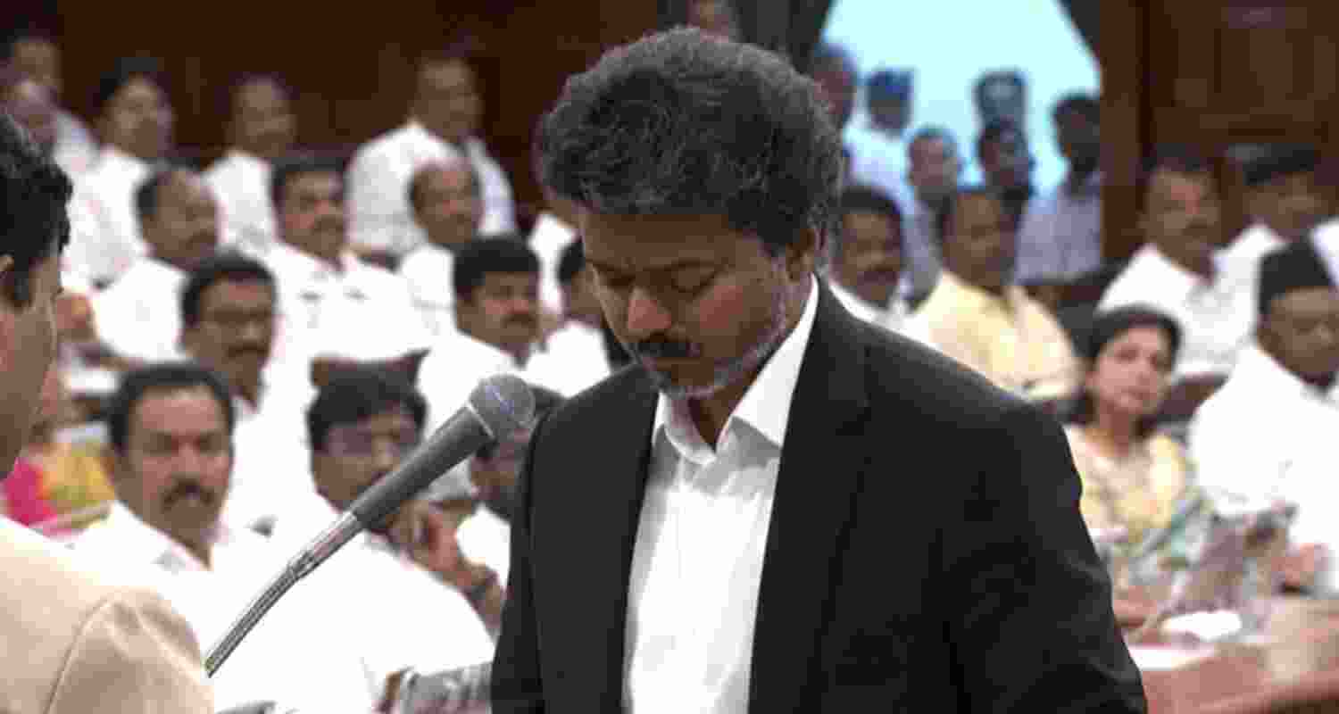 Chief Minister C Joseph Vijay takes oath in the Tamil Nadu Legislative Assembly.