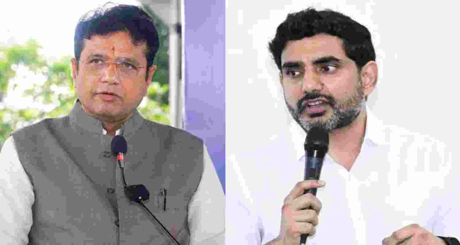 Telangana Information Technology, Industries and Commerce Minister D Sridhar Babu (left) and Andhra Pradesh Minister Nara Lokesh. 