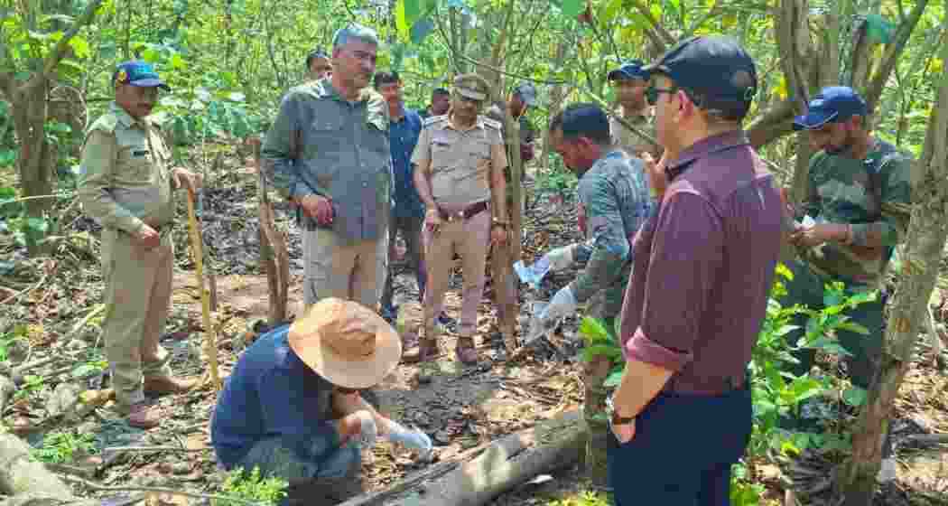 Forest officials examine the site in Haridwar’s Shyampur range where two tiger cubs were allegedly poisoned and mutilated.