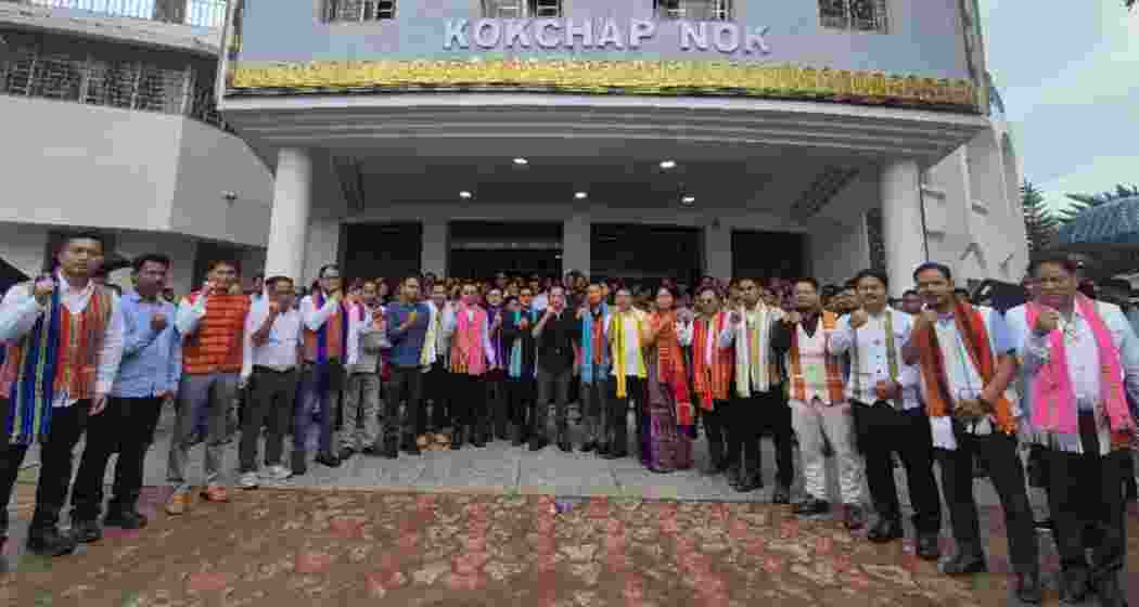 Newly elected Tipra Motha MDCs pose in front of the Kokchap Nok after the swearing-in ceremony in Agartala on Monday.
