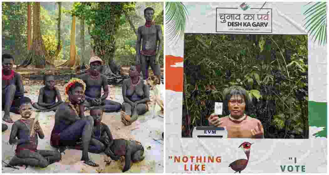 An Andamanese tribal group relaxes by the beach (L).  A Shompen tribal voter proudly poses after casting his vote in the first phase of the Lok Sabha elections in the Andaman and Nicobar Islands (R).