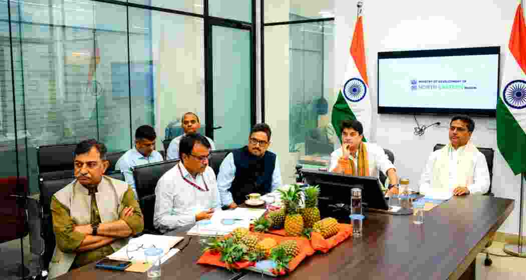 Union Minister Jyotiraditya Scindia, in the presence of Tripura Chief Minister Manik Saha, during the launch of the ₹236-crore Mission Queen Pineapple initiative in Tripura.
