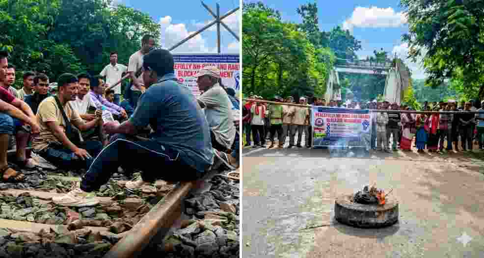 Members of NLFT and ATTF enforce a rail-road blockade in West Tripura, demanding faster implementation of a rehabilitation package promised under a peace accord with the Centre.