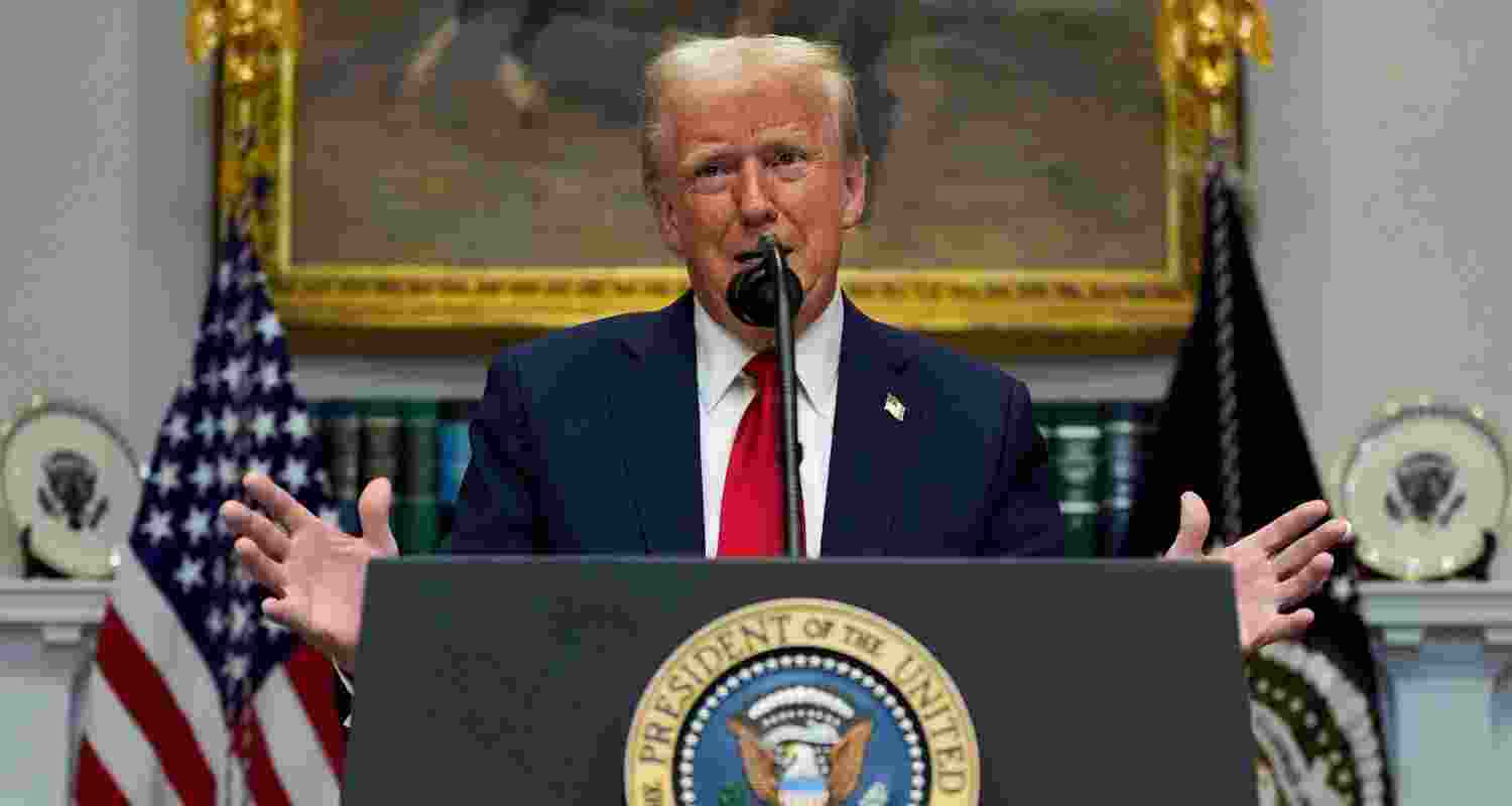 President Donald Trump speaks in the Roosevelt Room of the White House.