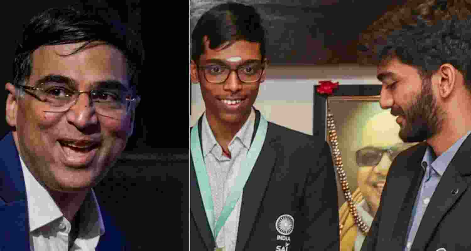  Five-time world chess champion Viswanathan Anand and (right) R Praggnanandhaa and D Gukesh.