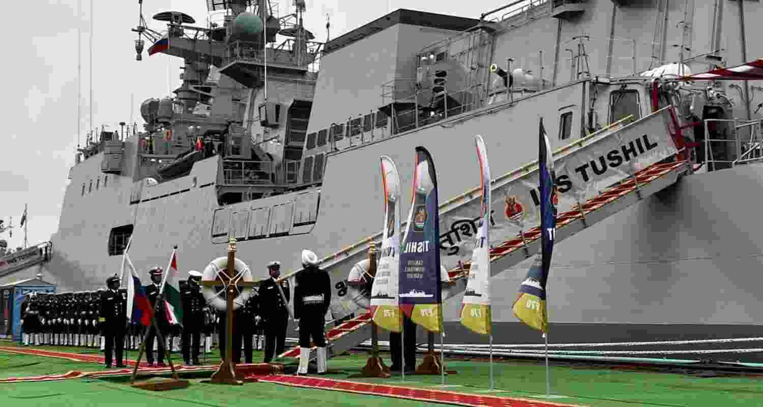 INS Tushil, a Russia-manufactured guided missile frigate, sets sail from Kaliningrad to India. 