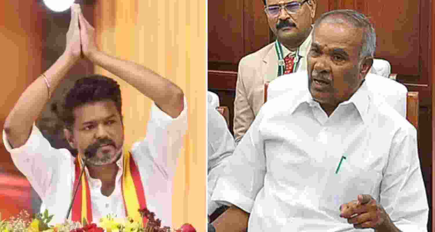 Tamilaga Vettri Kazhagam chief Vijay (left) and Tamil Nadu Legislative Assembly Speaker M Appavu. 