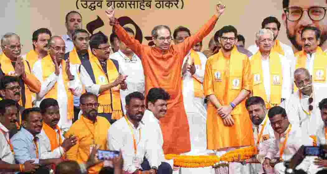 Shiv Sena (UBT) chief Uddhav Thackeray with party workers during the party's 60th Foundation Day celebrations, in Mumbai, Maharashtra, on Friday.