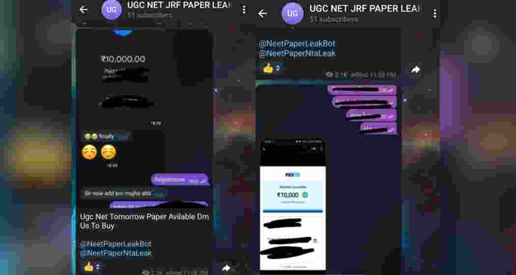 A screenshot displaying transactions on Telegram, where leaked exam papers were sold for ₹5,000 to ₹10,000. A screenshot displaying transactions on Telegram, where leaked exam papers were sold for ₹5,000 to ₹10,000.