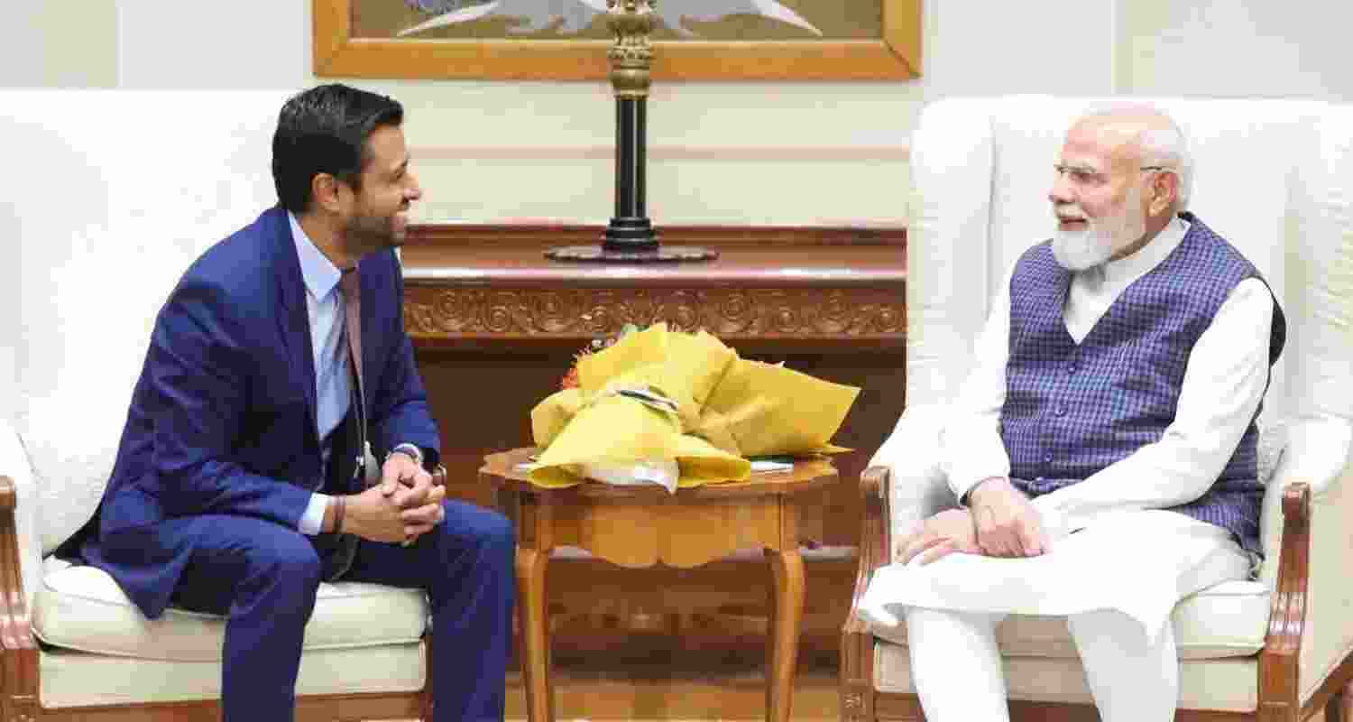 Prime Minister Narendra Modi during a meeting with AirTrunk Founder and CEO Robin Khuda, in New Delhi. (@narendramodi/X)