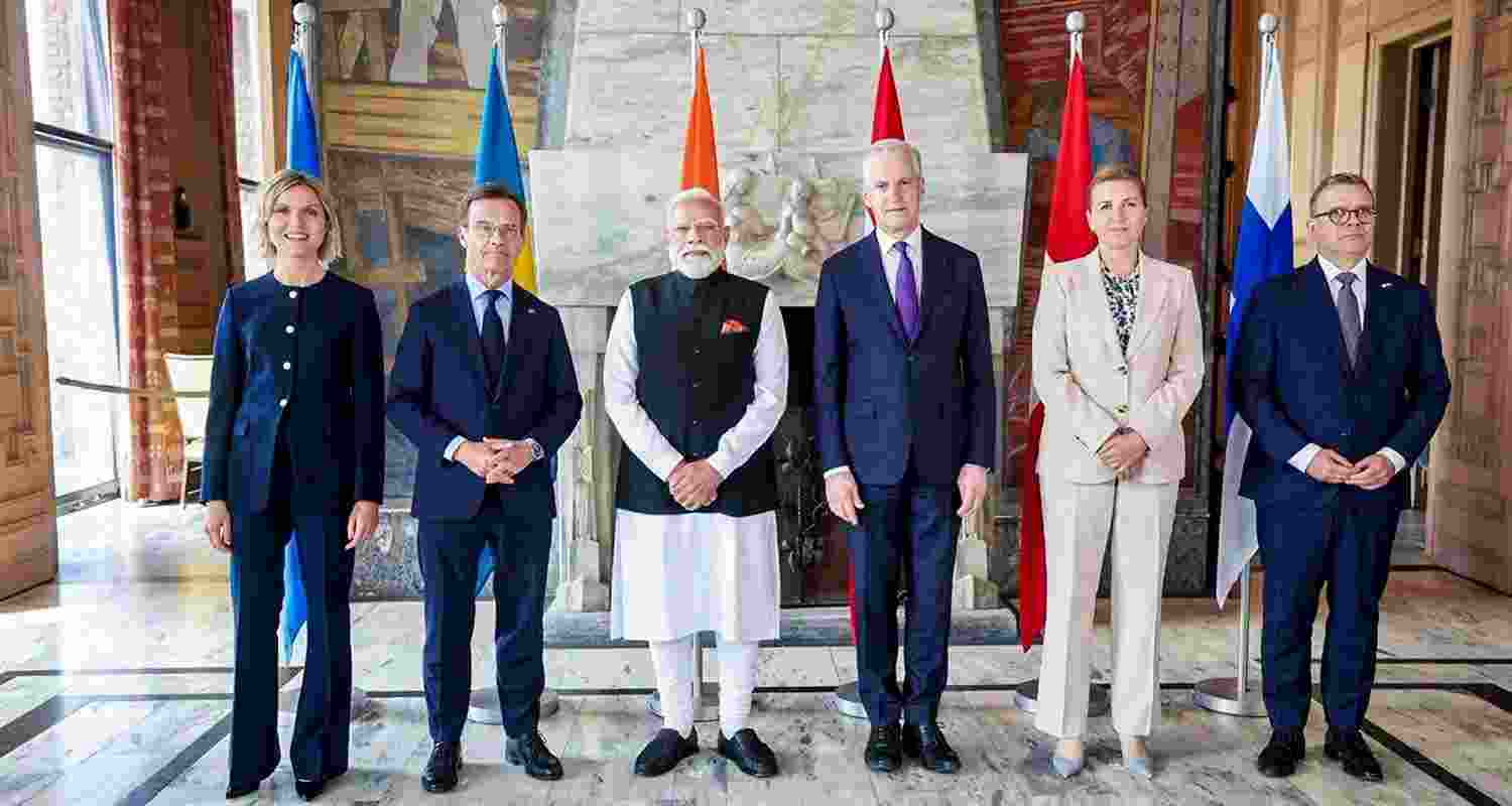 Prime Minister Narendra Modi with Norwegian Prime Minister Jonas Gahr Store, Finnish Prime Minister Petteri Orpo, Swedish Prime Minister Ulf Kristersson, Icelandic Prime Minister Kristrun Frostadottir and Danish Prime Minister Mette Frederiksen during the Nordic-India Summit, in Oslo, Norway.
