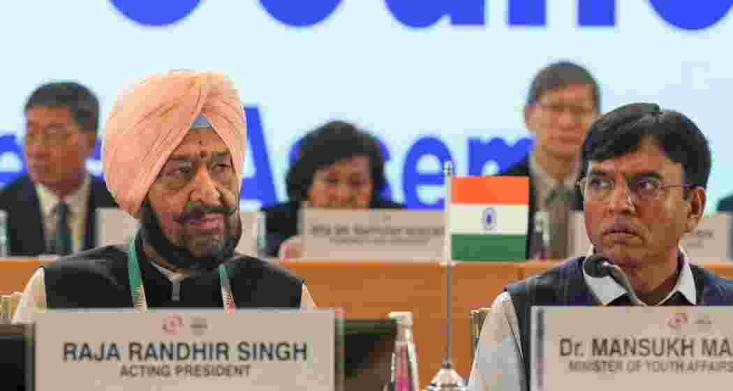 Union Sports Minister Mansukh Mandaviya and President Randhir Singh at the 44th Olympic Council of Asia (OCA) General Assembly, in New Delhi, Sunday, Sept. 8, 2024. 