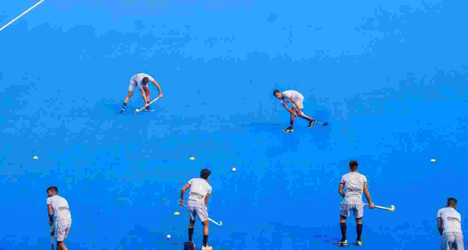 Indian men's hockey players during a training session ahead of the two-match series against Germany, at Major Dhyan Chand National Stadium, in New Delhi, Tuesday, Oct. 22, 2024.