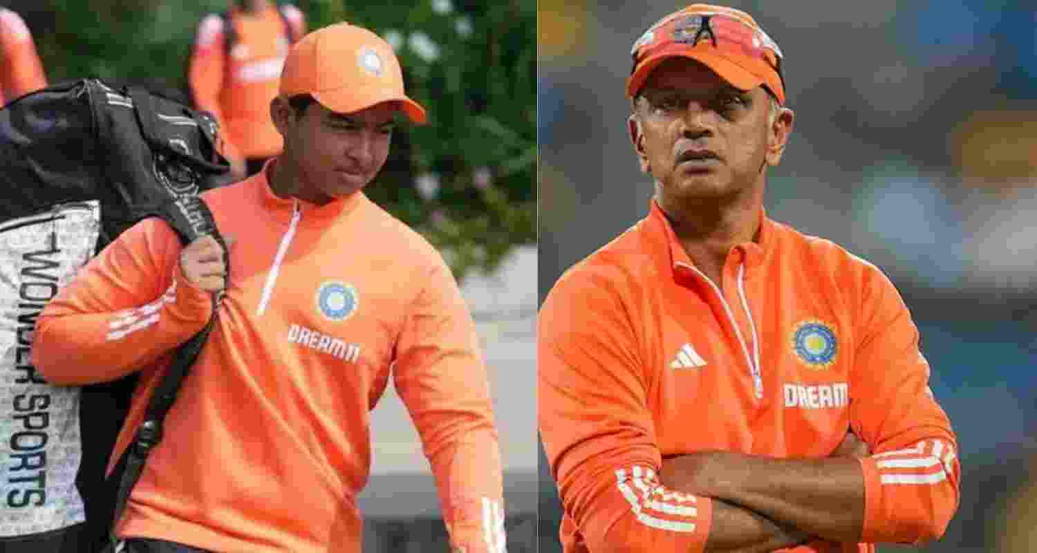 (L-R) Rajasthan Royal's 13- year-old Vaibhav Suryavanshi and team's head coach Rahul Dravid. Image: X. 