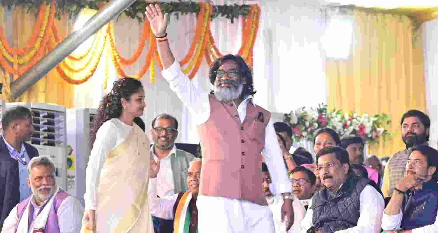 Jharkhand Chief Minister Hemant Soren waves to people before taking oath as the 14th CM of the State in Ranchi on Thursday.