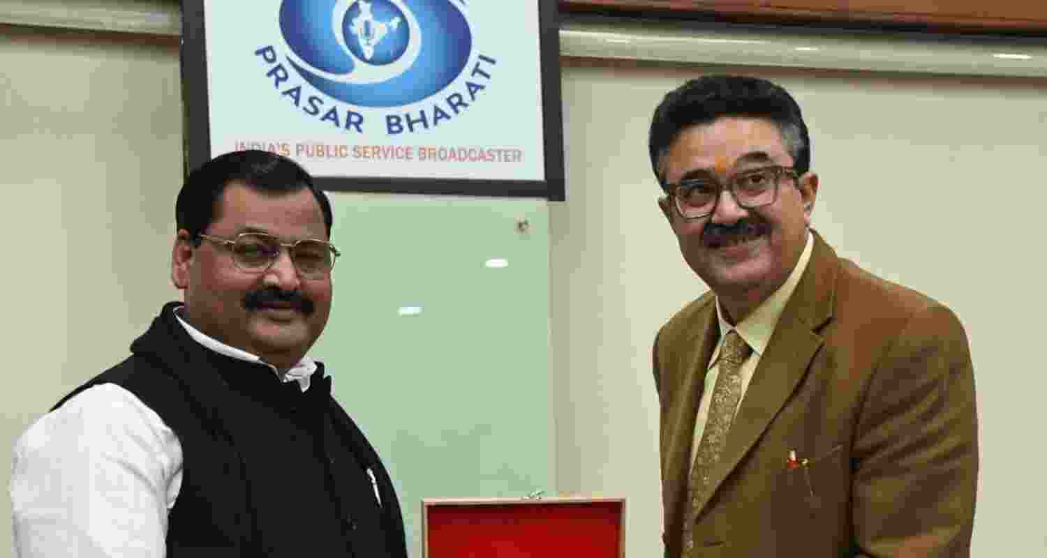 Hockey India secretary general Bhola Nath and Prasar Bharti. Image: X. 