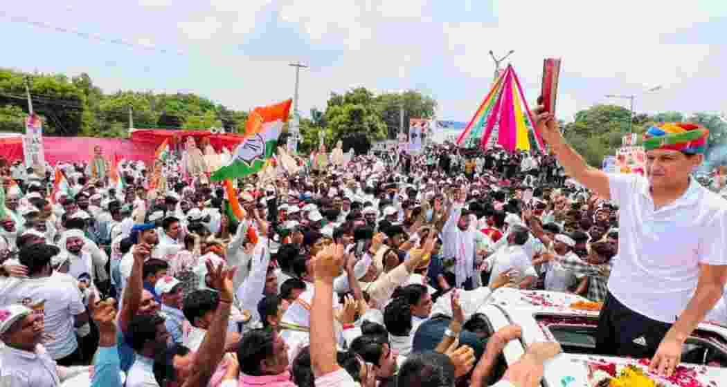 Deepender Singh Hooda addresses the rally ahead of his campaign, Haryana Maange Hisab.