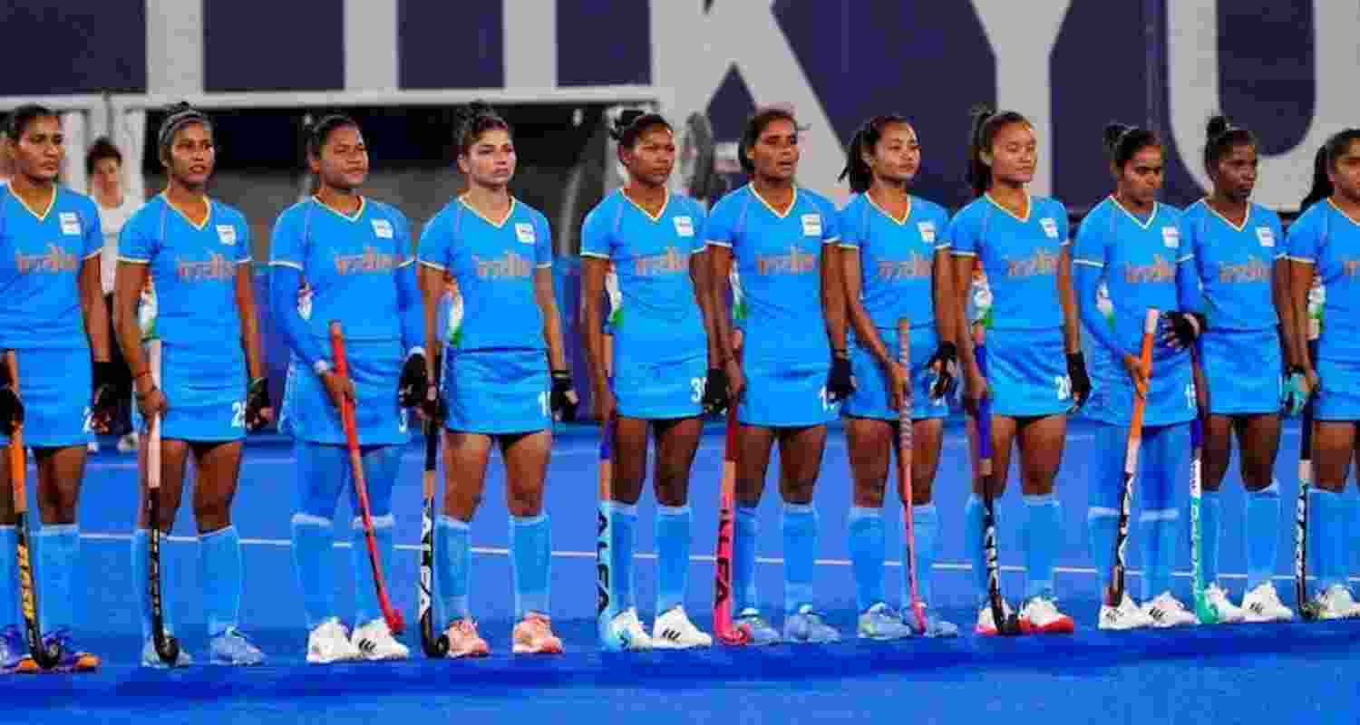 India women's junior hockey team before the start of their third match against India. Image: X. 