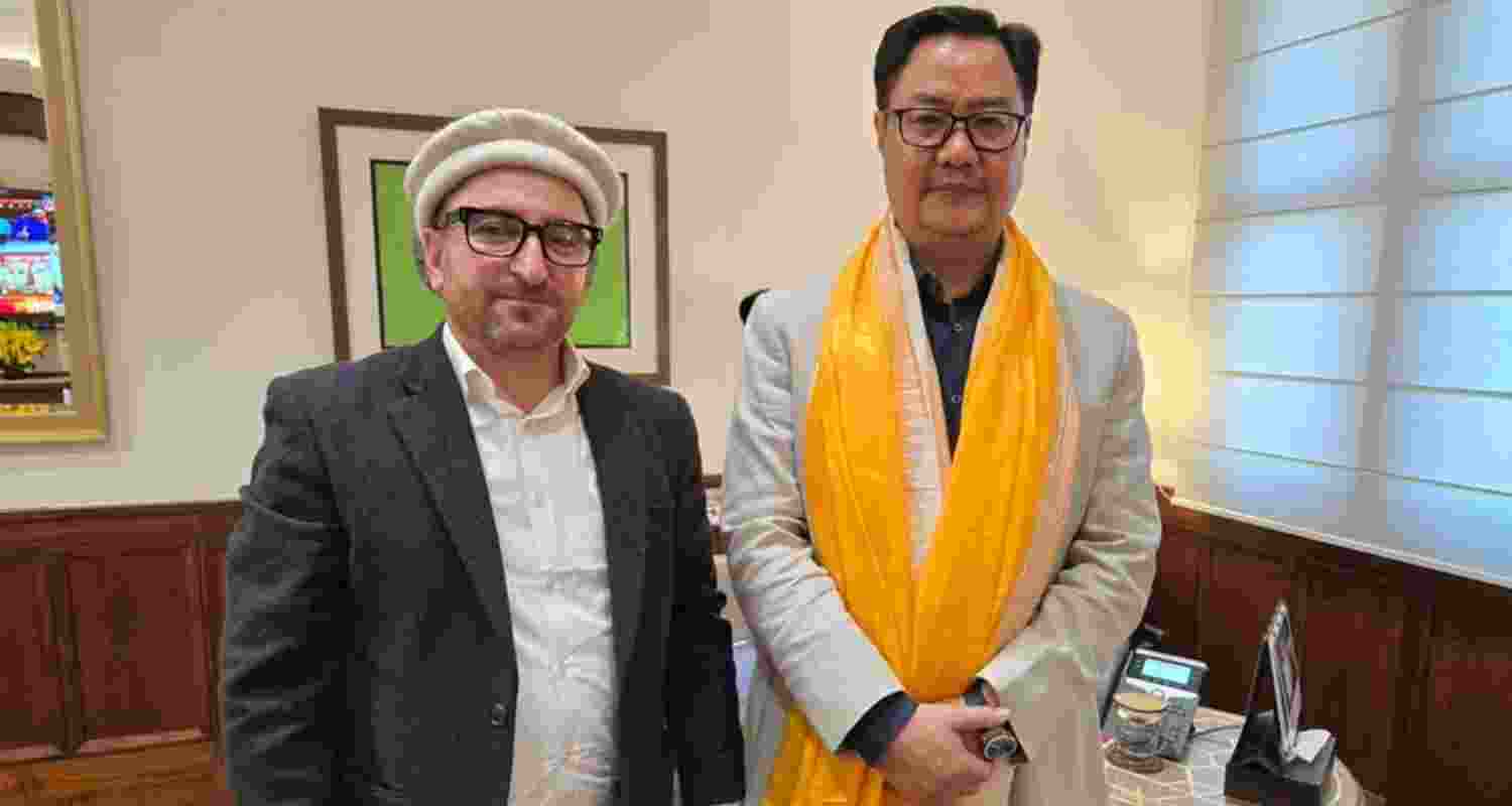 Ladakh-based political activist Sajjad Hussain Kargil and Minority Affairs Minister Kiren Rijiju. Image: X. Ladakh-based political activist Sajjad Hussain Kargil and Minority Affairs Minister Kiren Rijiju. Image: X.