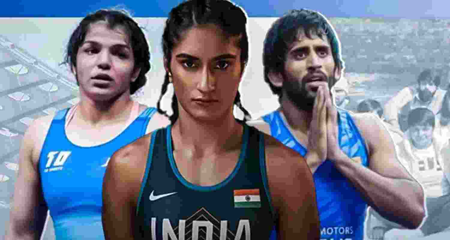Sakshi Malik, Vinesh Phogat and Bajrang Punia. Image X. Sakshi Malik, Vinesh Phogat and Bajrang Punia. Image X.