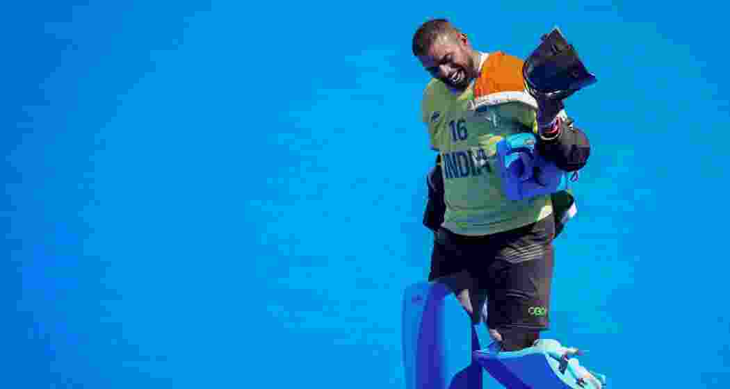 Happy Sreejesh after winning Bronze against Spain in the Paris Olympics. Happy Sreejesh after winning Bronze against Spain in the Paris Olympics.