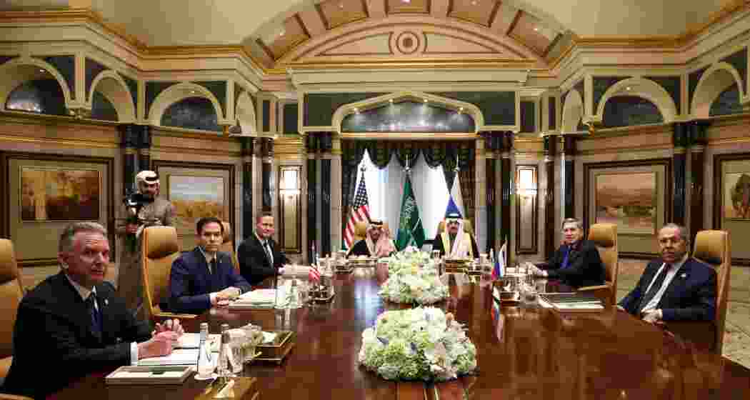 U.S. Secretary of State Marco Rubio, second left, meets with Saudi Foreign Minister Prince Faisal bin Farhan Al Saud, Saudi National Security Advisor Mosaad bin Mohammad Al-Aiban, U.S. National Security Advisor Mike Waltz, third left, U.S. Middle East envoy Steve Witkoff, left, Russian Foreign Minister Sergei Lavrov, right, and Russian President Vladimir Putin's foreign policy advisor Yuri Ushakov, second right.