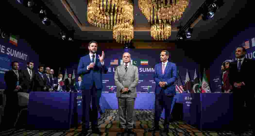 Vice President JD Vance speaking next to Prime Minister Shehbaz Sharif of Pakistan and Sheikh Mohammed bin Abdulrahman al-Thani of Qatar at the Bürgenstock resort, Switzerland, on Sunday.