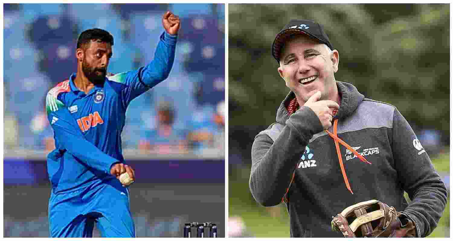 Varun Chakravarthy in action, New Zealand coach Gary Stead (R). 