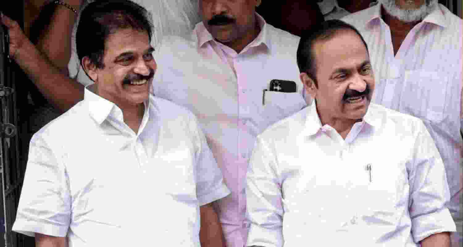 Senior Congress leader K C Venugopal with Kerala (Keralam) Chief Minister-designate V D Satheesan. Senior Congress leader K C Venugopal with Kerala (Keralam) Chief Minister-designate V D Satheesan.