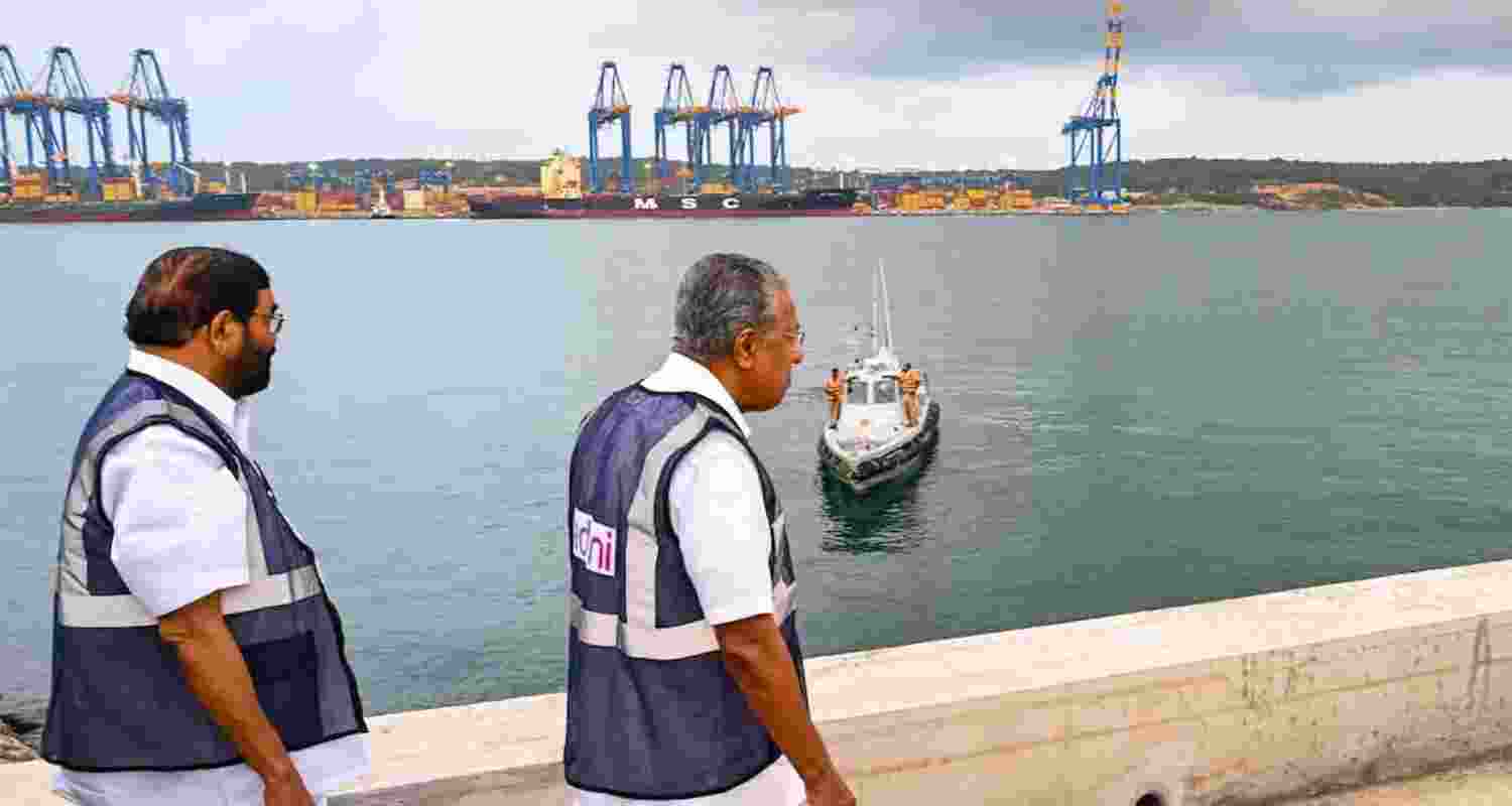 Kerala Chief Minister Pinarayi Vijayan and state Ports Minister VN Vasavan at Vizhinjam International Seaport Port, in Thiruvananthapuram, on Saturday.