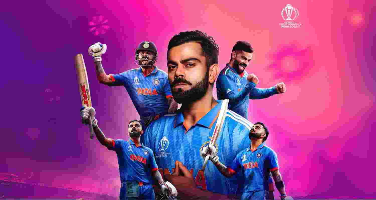 Virat Kohli in a poster image with visuals from the 2023 Cricket world cup, his 5oth and 51st ODI centuries. Virat Kohli in a poster image with visuals from the 2023 Cricket world cup, his 5oth and 51st ODI centuries.
