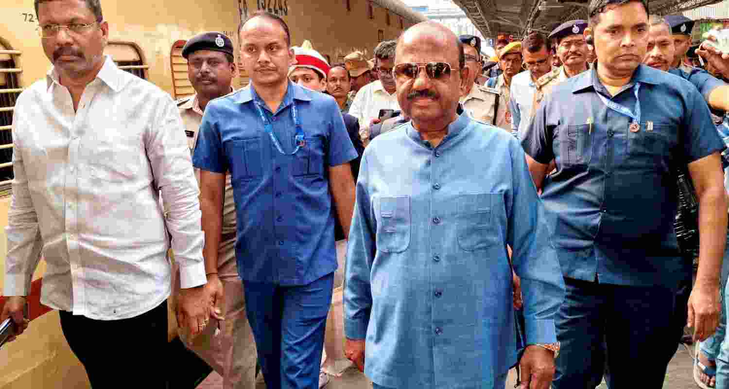 West Bengal Governor CV Ananda Bose arrives at Malda Town railway station to visit a relief camp to meet those displaced by the violence that erupted during a protest against the Waqf (Amendment) act, 2025, in Malda, Friday.
