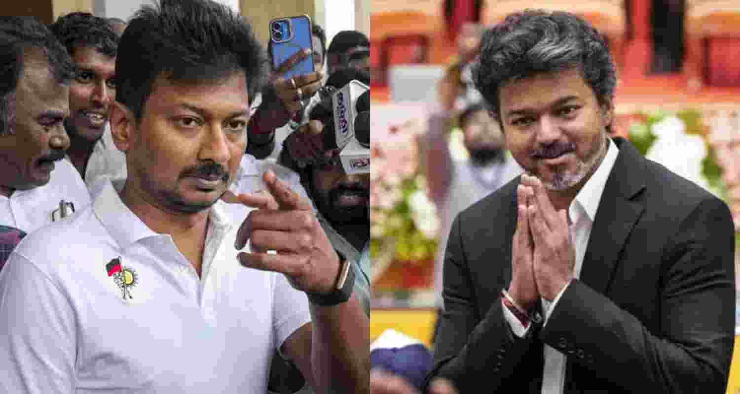 Tamil Nadu Chief Minister Joseph Vijay (right) and LoP Udhayanidhi Stalin