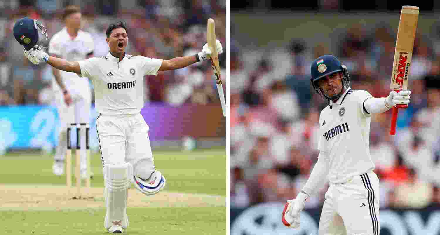 Opener Yashasvi Jaiswal and skipper Shubman Gill celebrate after scoring centuries on the opening day of the first Test match against England at Headingley in Leeds on Friday.