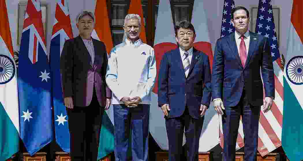(From left) Australian Foreign Minister Penny Wong, External Affairs Minister S Jaishankar, Japanese Foreign Minister Toshimitsu Motegi and US Secretary of State Marco Rubio during the Quad Foreign Ministers' Meeting in New Delhi on Tuesday.