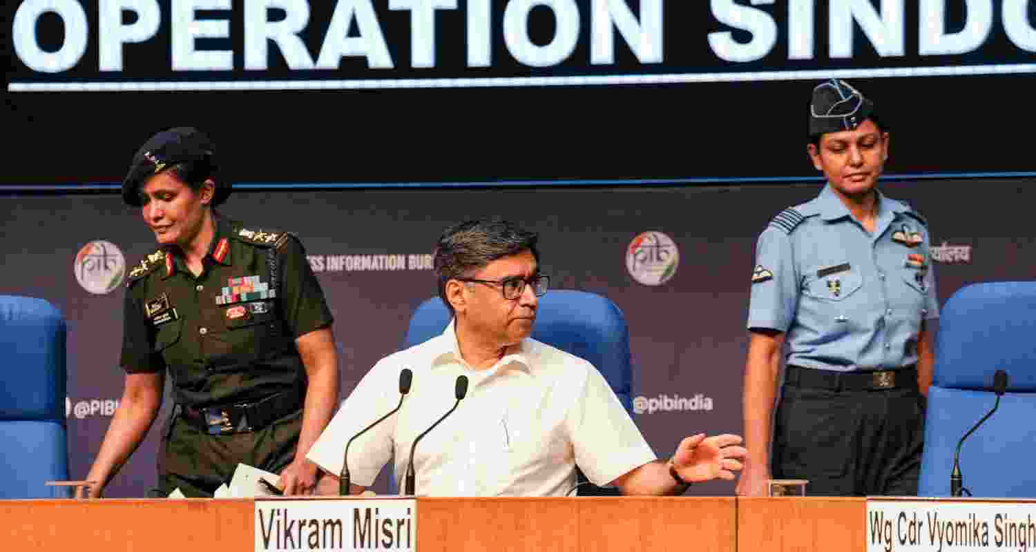 Foreign Secretary Vikram Misri with Army's Col Sofiya Qureshi and IAF Wing Commander Vyomika Singh during a press conference regarding 'Operation Sindoor', in New Delhi, Wednesday.