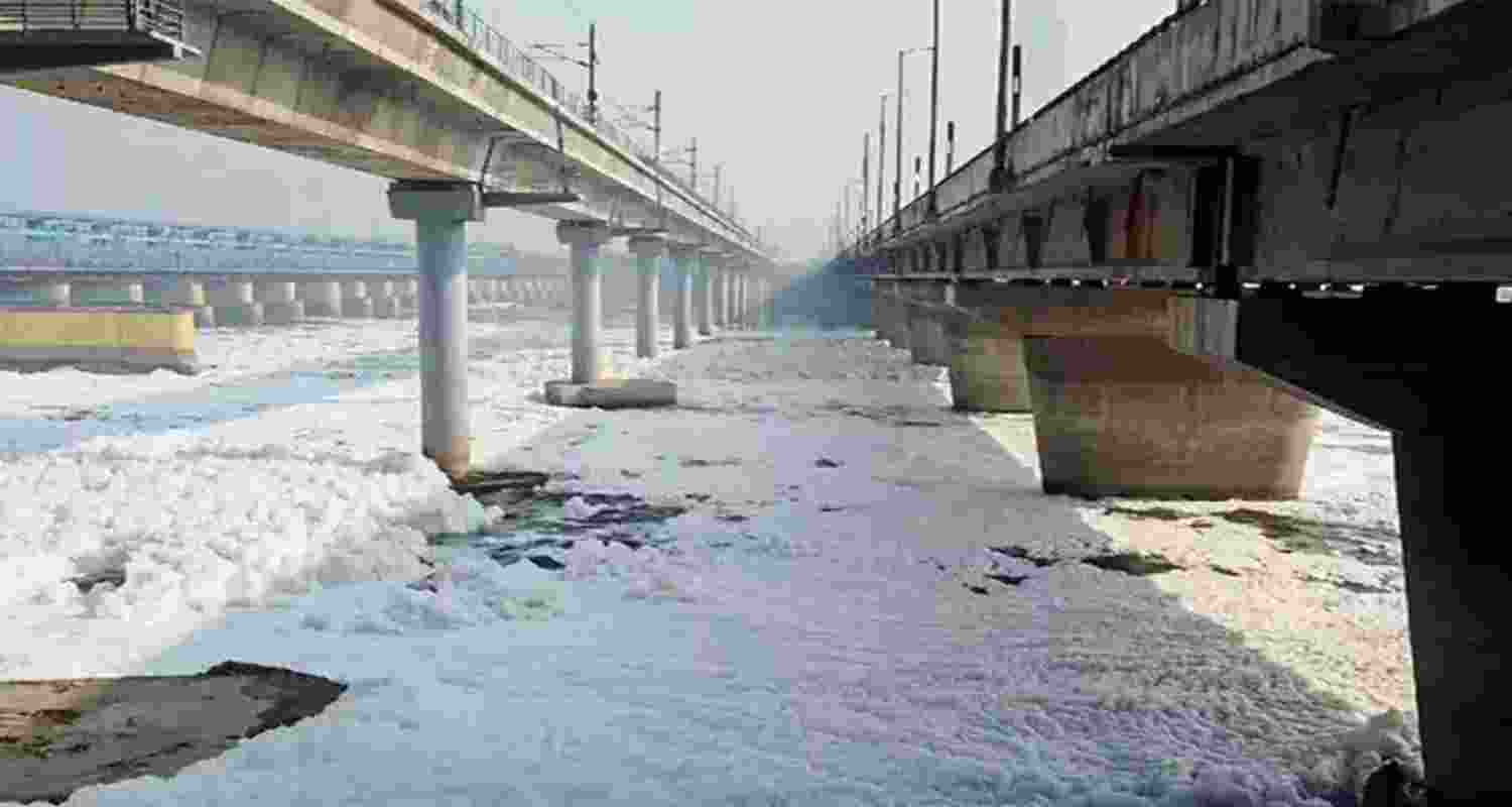 Froth forms over toxic water in the Yamuna river.
