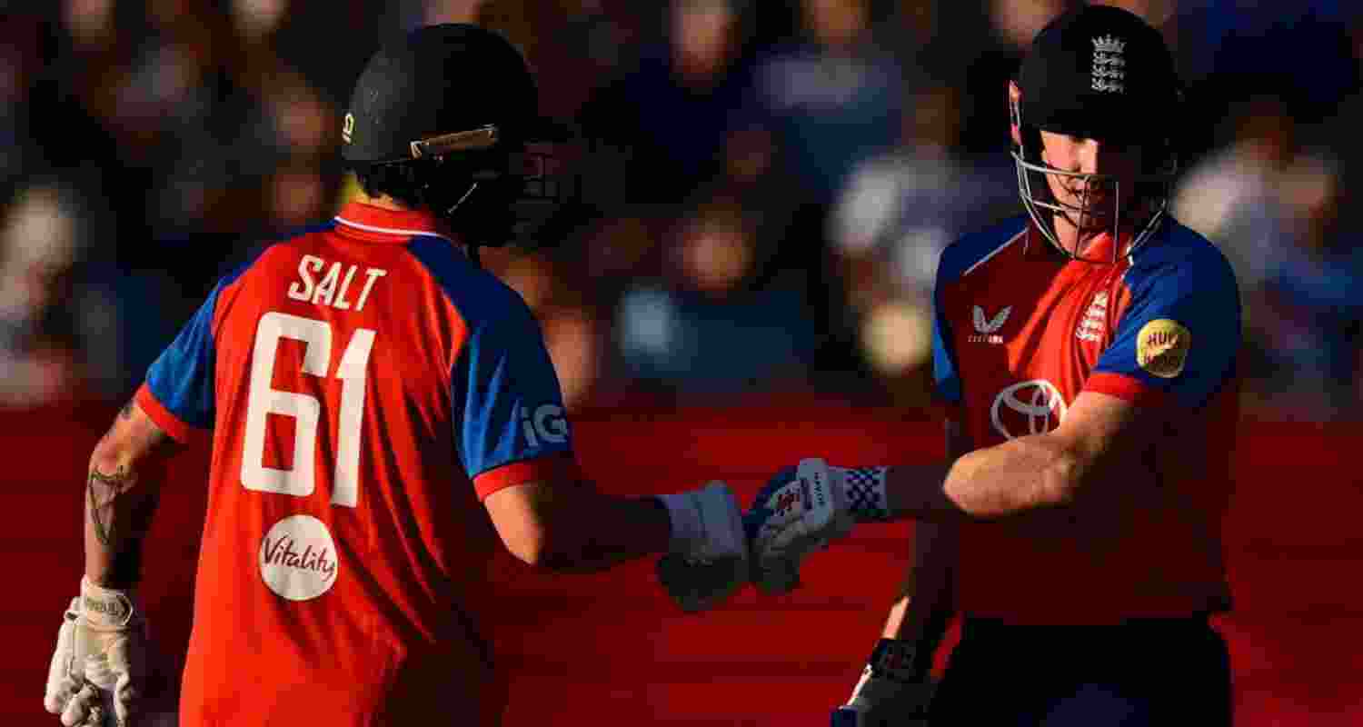  Opener Phil Salt and (right) Harry Brook  enjoyed ​an unbroken second-wicket stand of 146 off 70 balls as England reached their target in ⁠13.5 overs.