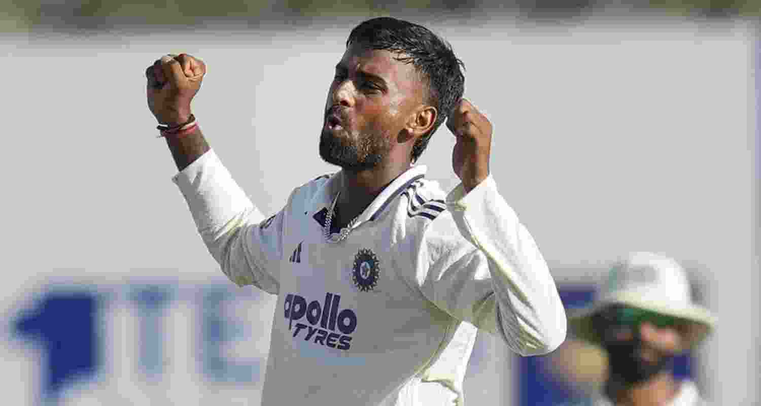 Spinner Manav Suthar celebrating his 10-wicket haul.