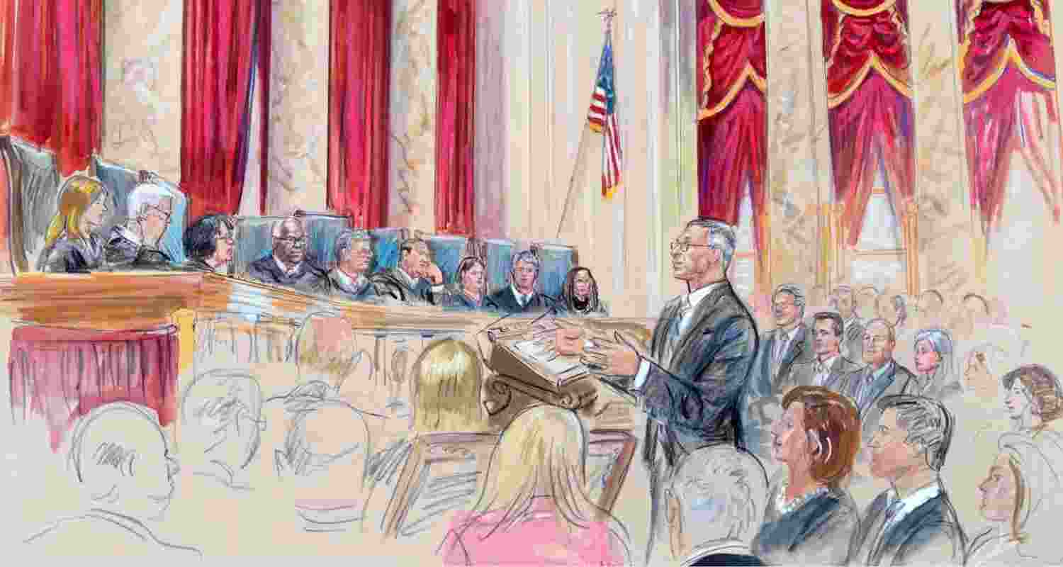 A courtroom sketch depicts attorney Neal Katyal, centre, arguing before the US Supreme Court on November 5.