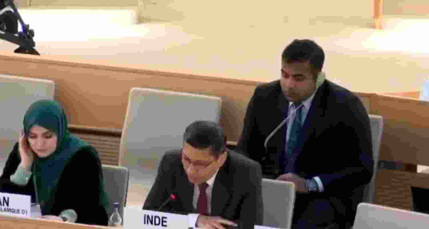 India's permanent representative to the UN, Arindam Bagchi addressing the 58th session of the Human Rights Council in Geneva.