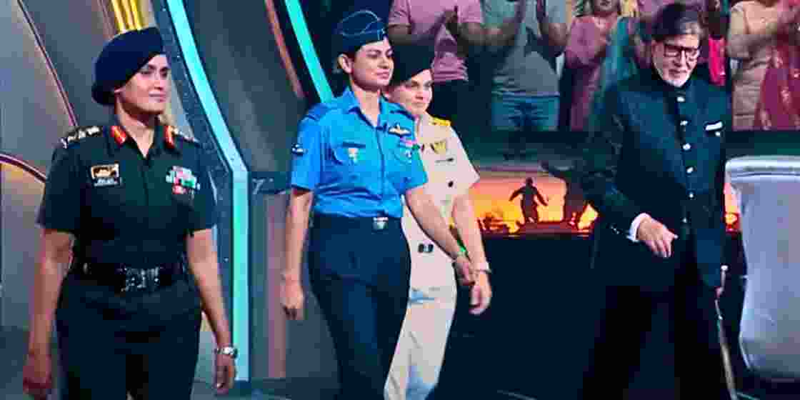 Colonel Sofiya Qureshi, Wing Commander Vyomika Singh, and Commander Prerna Deosthalee with Amitabh Bachchan.